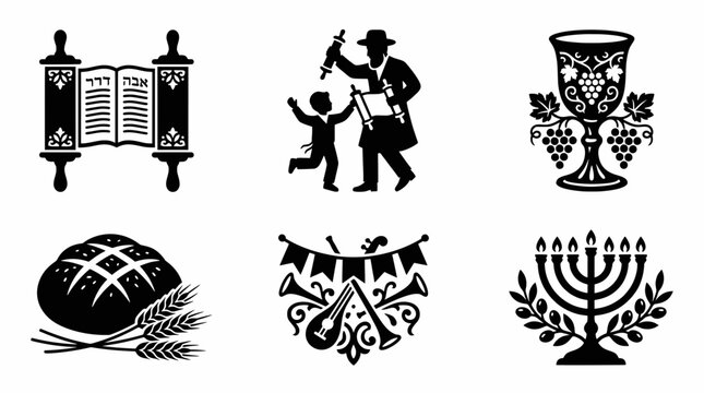 Six Jewish religious icons featuring Torah, Menorah, and Challah for holiday celebrations.