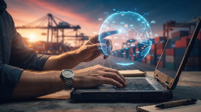 Logistics manager analyzing global supply chain data on laptop. Professional using digital interface for smart logistics and AI-driven freight trac...