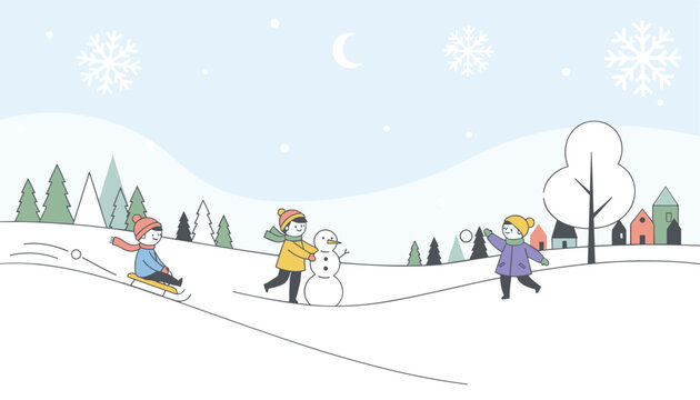 Joyful kids playing outdoors in a snowy landscape, sledding down a hill, building a snowman, and throwing snowballs.