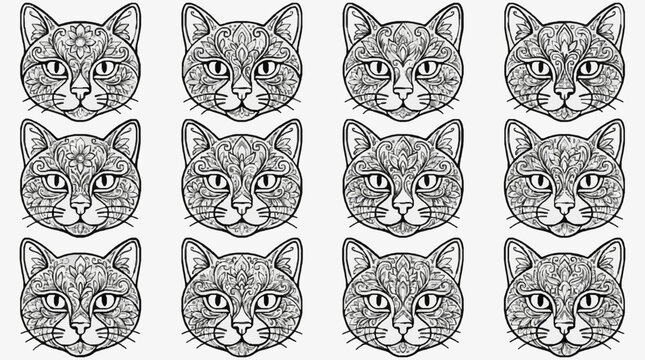 Black and White Cat Silhouette Line Art Collection.