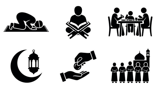 Set of black icons representing islamic traditions and ramadan activities