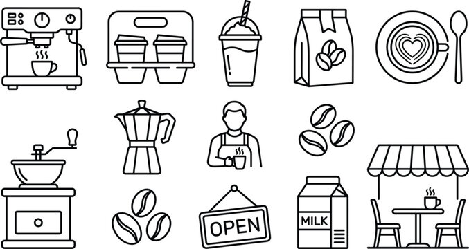 Coffee shop and barista line icon set with espresso machine grinder latte art beans moka pot and cafe