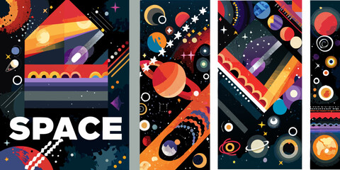 space posters with colorful retro futuristic design planets stars galaxies astronomy vector illustration artwork cosmic universe celestial science fiction imagery graphic art poster © Sudhakar