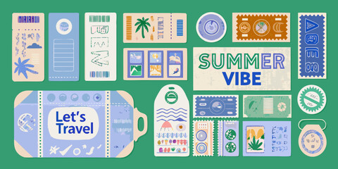 travel stickers in colorful retro style on green background summer vibe let passport stamps vacation theme illustration vector art holiday design tourism icons © Sudhakar