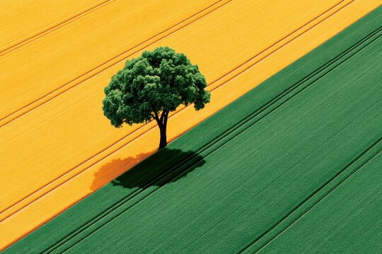Solitary tree standing between contrasting green and yellow crop fields in an aerial rural landscape