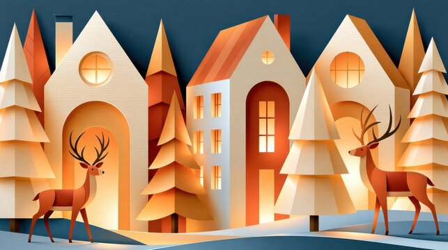 Layered paper cut diorama of winter village with fir trees and deer