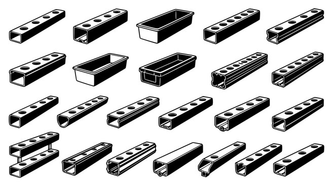 Collection of rectangular industrial cable trays and plastic electrical trunking profiles for cable management systems in isometric vector illustration style isolated on white background