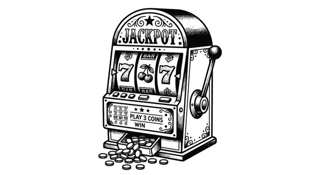 Black and white tattoo style illustration of a classic slot machine with lucky sevens, cherries, and coins spilling out, with a side lever and jackpot text on white background.