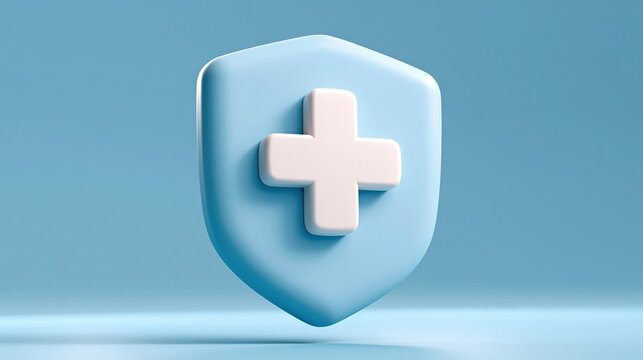 Minimal 3D render of white medical cross inside soft rounded shield on blue background