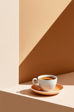 Minimalist espresso cup on saucer with warm lighting and geometric shadows