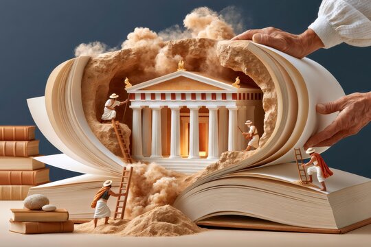 Open book revealing ancient temple excavation with miniature archaeologists inside