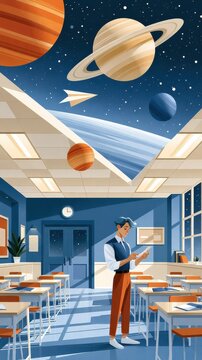 Student in classroom at night with ceiling opening to starry space and floating planets