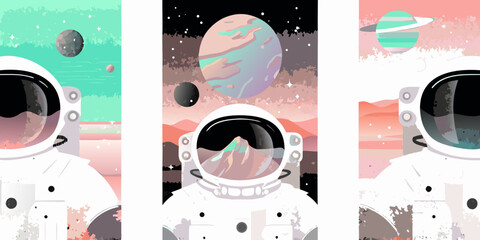 astronauts in space vector illustration with vibrant colors cosmos exploration planets stars galaxy science fiction artwork design graphic pattern background fantasy adventure future © Sudhakar