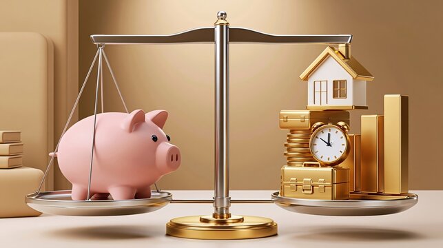 Pink ceramic piggy bank balanced against house clock coins and briefcases on elegant scale