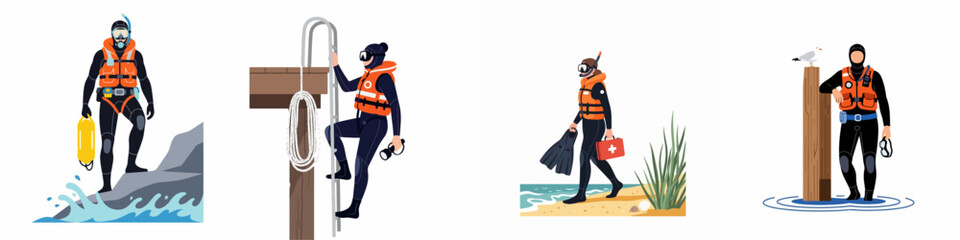 Vector set of professional divers and water rescue workers in wetsuits and life vests, featuring various equipment like first aid kits and rescue floats. © Muqodimatul