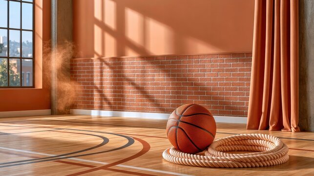 Basketball and coiled rope on worn gymnasium parquet floor with brick wall and sunlight