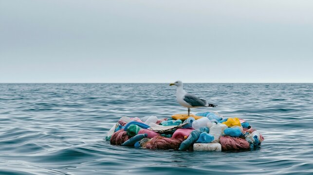 Seagull standing on floating island of plastic bottles and debris in ocean