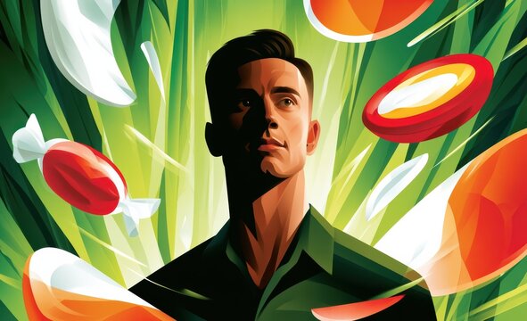 Stylized portrait of a man silhouette surrounded by floating candy and vibrant light