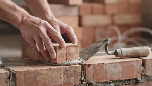 Hands of a bricklayer carefully placing red bricks with a trowel on a construction site