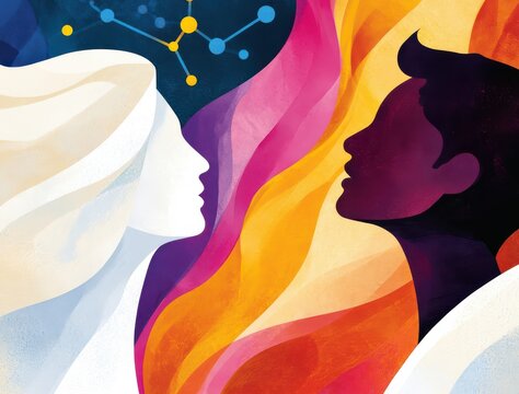 Abstract colorful silhouette portrait of two faces in profile suggesting connection, diversity and cosmic imagination