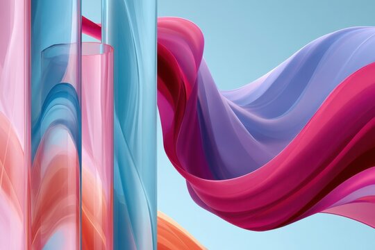 Abstract colorful translucent ribbons and glass tubes flowing like fabric in soft waves