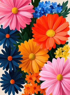 Vibrant stylized floral bouquet illustration with colorful daisies in a dense spring composition