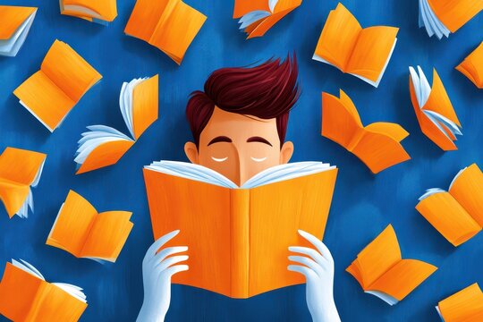 Young person reading surrounded by flying orange books on a vibrant blue background