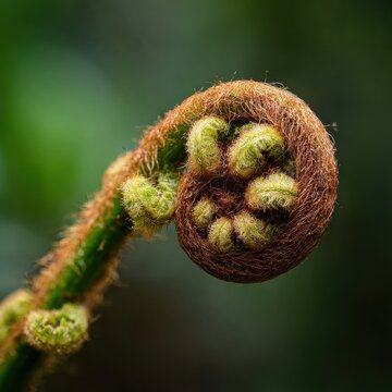 Macro shot of unfolding fern fiddlehead with brown hairs