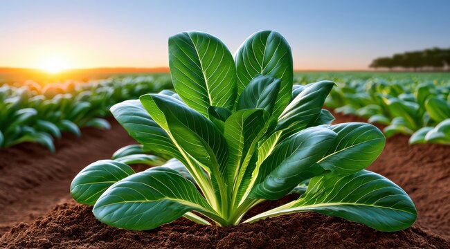 Young bok choy growing in a sunlit agricultural field at sunrise on a vegetable farm