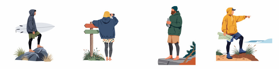 Set of adventure and travel illustrations featuring surfers, hikers, and explorers in flat graphic style, perfect for outdoor and active lifestyle themes. © Muqodimatul