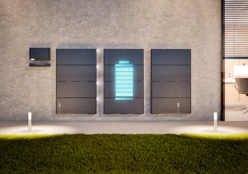 Group of home batteries or energy storage systems with digital graphic display at office