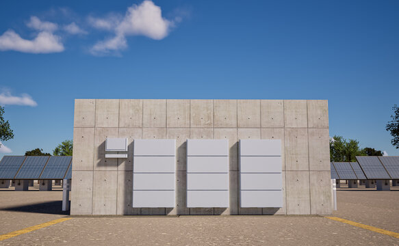 Group of home batteries or energy storage systems on wall outdoor