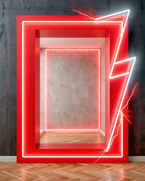 Vertical frame with jagged neon lightning tubes in red and white against concrete wall