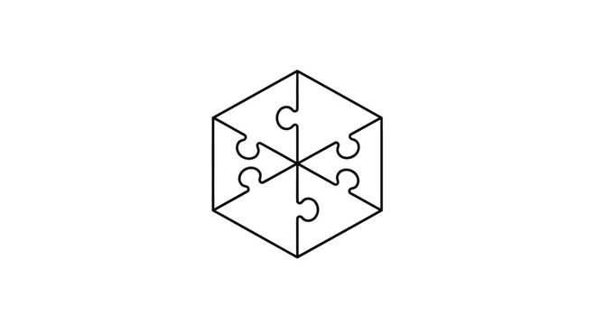 Isometric hexagon puzzle cube icon made of pieces.