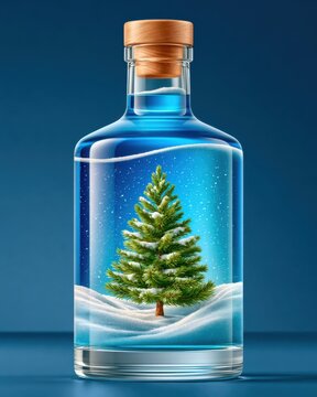 Glass bottle with miniature snow-covered pine tree inside blue liquid