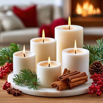 Burning advent candles with pine branches red berries and cinnamon sticks on wooden table