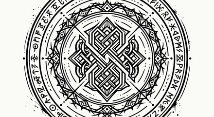 Naklejka premium Black and white tattoo style illustration of a twisted sigil symbol with interlocking geometric lines, occult protective circle, symmetrical mystical composition on white background.