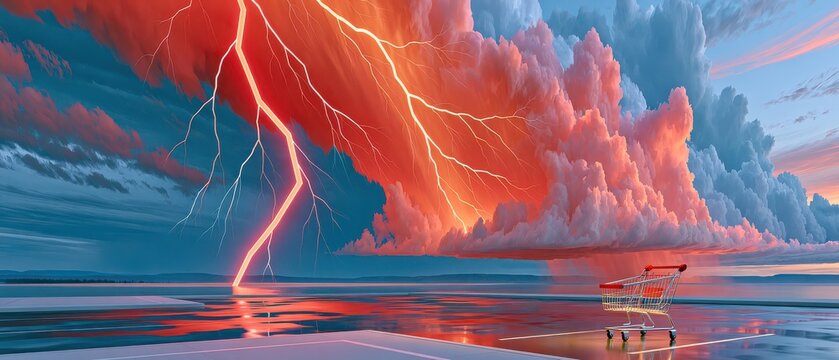 Tiny shopping cart on wet reflective surface under dramatic lightning storm sky