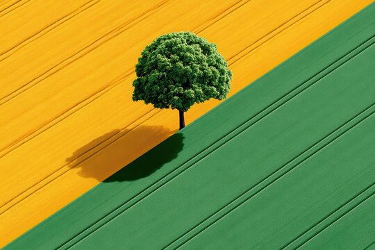 Aerial view of a lone tree dividing vibrant yellow and green crop fields with strong shadow