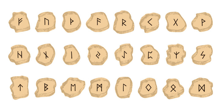 Set of hand drawn viking runes Rune stones with ancient norse alphabet characters engraved on them Scandinavian futhark germanic celtic Single element for design, print, web, decor
