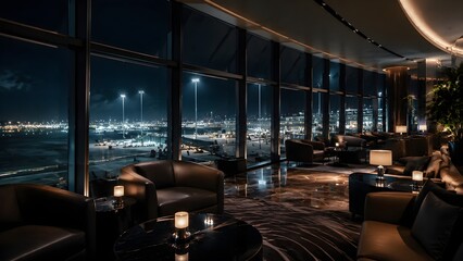 Naklejka premium Luxury Airport Lounge at Night with Runway Views Reflective Windows and Elegant Furnishings Interior Photography