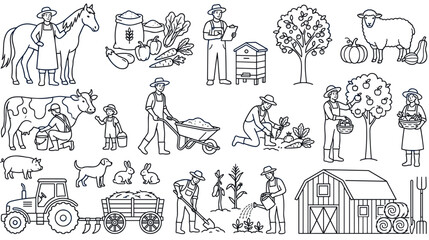 Farm life scene collection with farmers animals and agricultural activities set. © SELINA