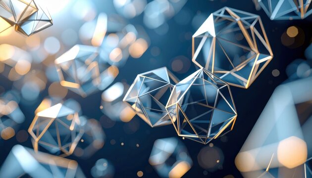 Abstract Geometric Crystal Shapes Floating in Dark Space with Light Reflections.