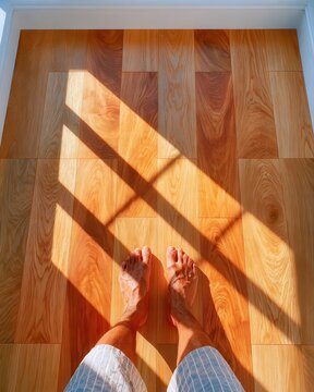 Bare feet standing on sunlit oak floorboards with geometric shadows