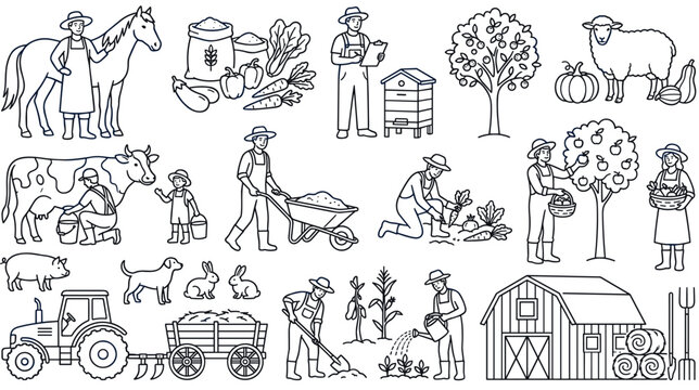 Farm life scene collection with farmers animals and agricultural activities set.