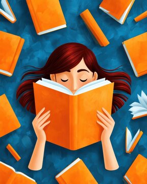 Young woman reading an orange book surrounded by floating books in a colorful illustration