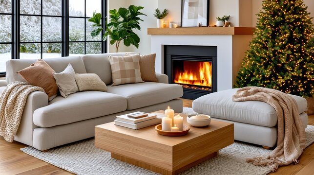 Cozy living room on Christmas eve with glowing fireplace and decorated tree
