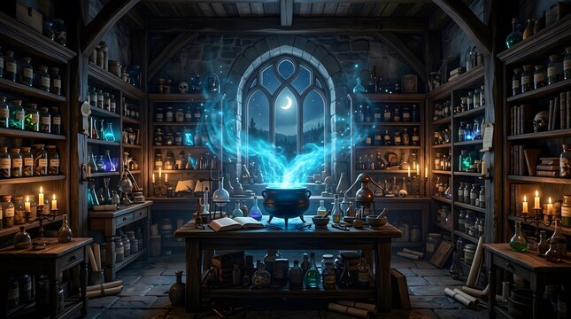 Mystical wizard laboratory with a glowing magic cauldron for a spooky happy halloween celebration background