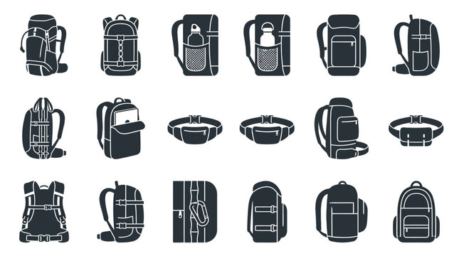 Durable hiking backpacks and travel rucksack icon collection.