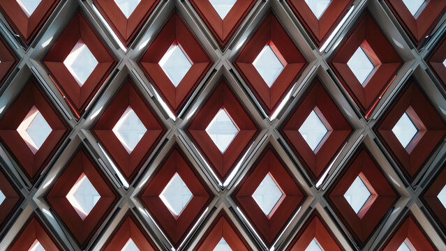 Geometric diamond pattern ceiling structure featuring red panels and embedded glass skylight windows